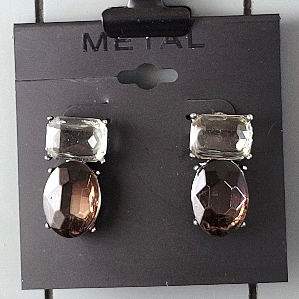 Brown and Light Green Crystal Drop Earrings, 1.5" New, Oval and Square Design